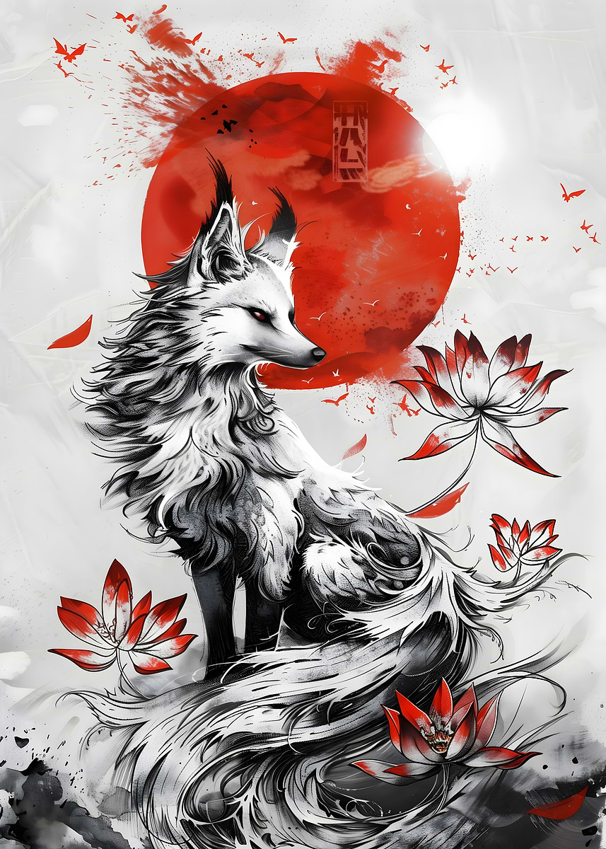 Kitsune Japanese fox' Poster, picture, metal print, paint by