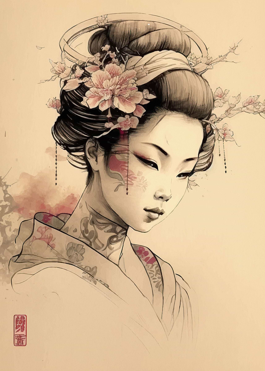 Geisha Japanese Warrior' Poster, picture, metal print, paint by
