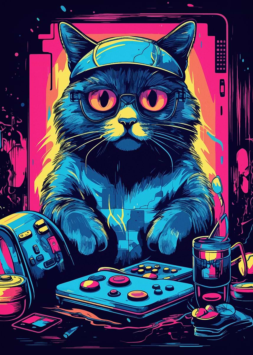 Cat Gamer Gaming' Poster, picture, metal print, paint by Dominguez