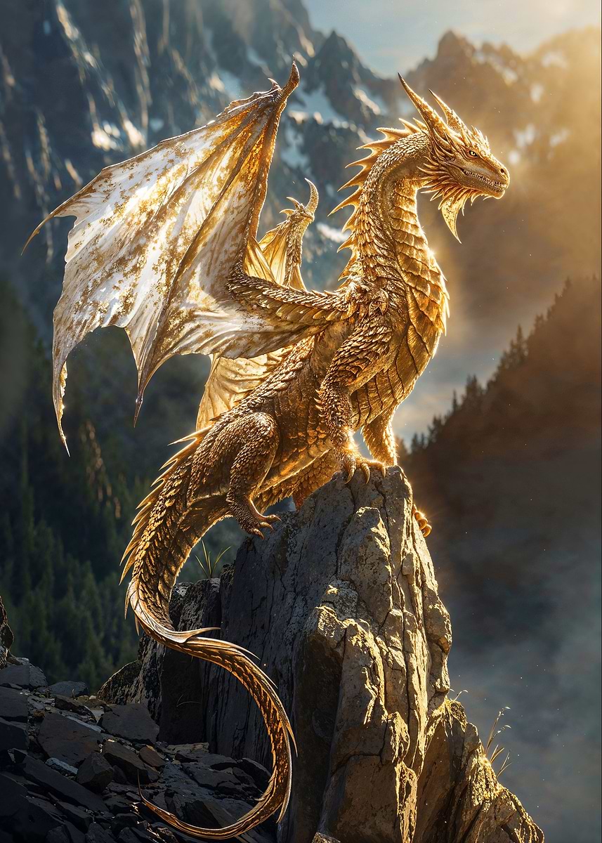 Golden Sunbeam Dragon — from the Dragons Lair collection, a Pixaverse metal print