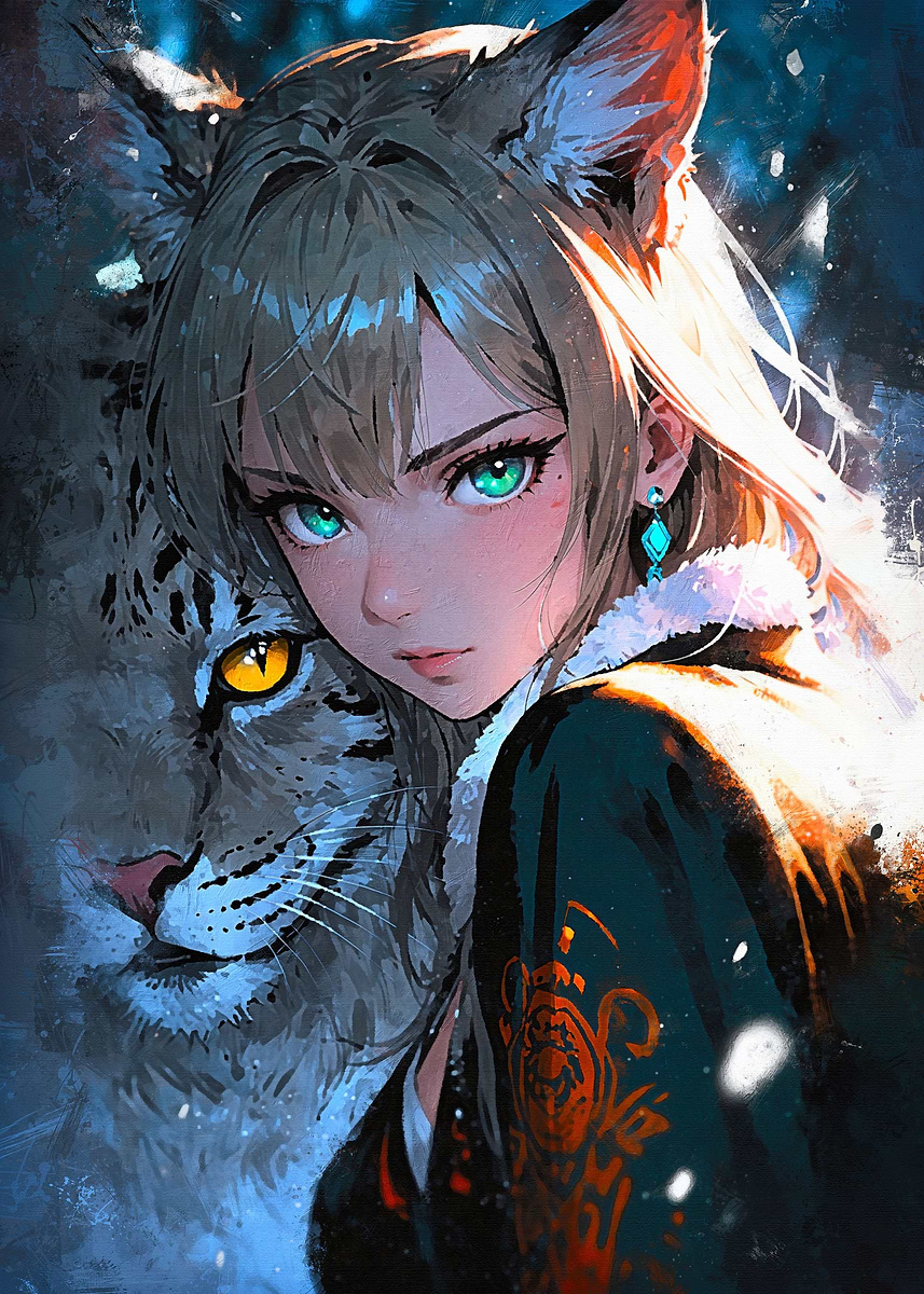 Anime Girl and Lynx' Poster, picture, metal print, paint by