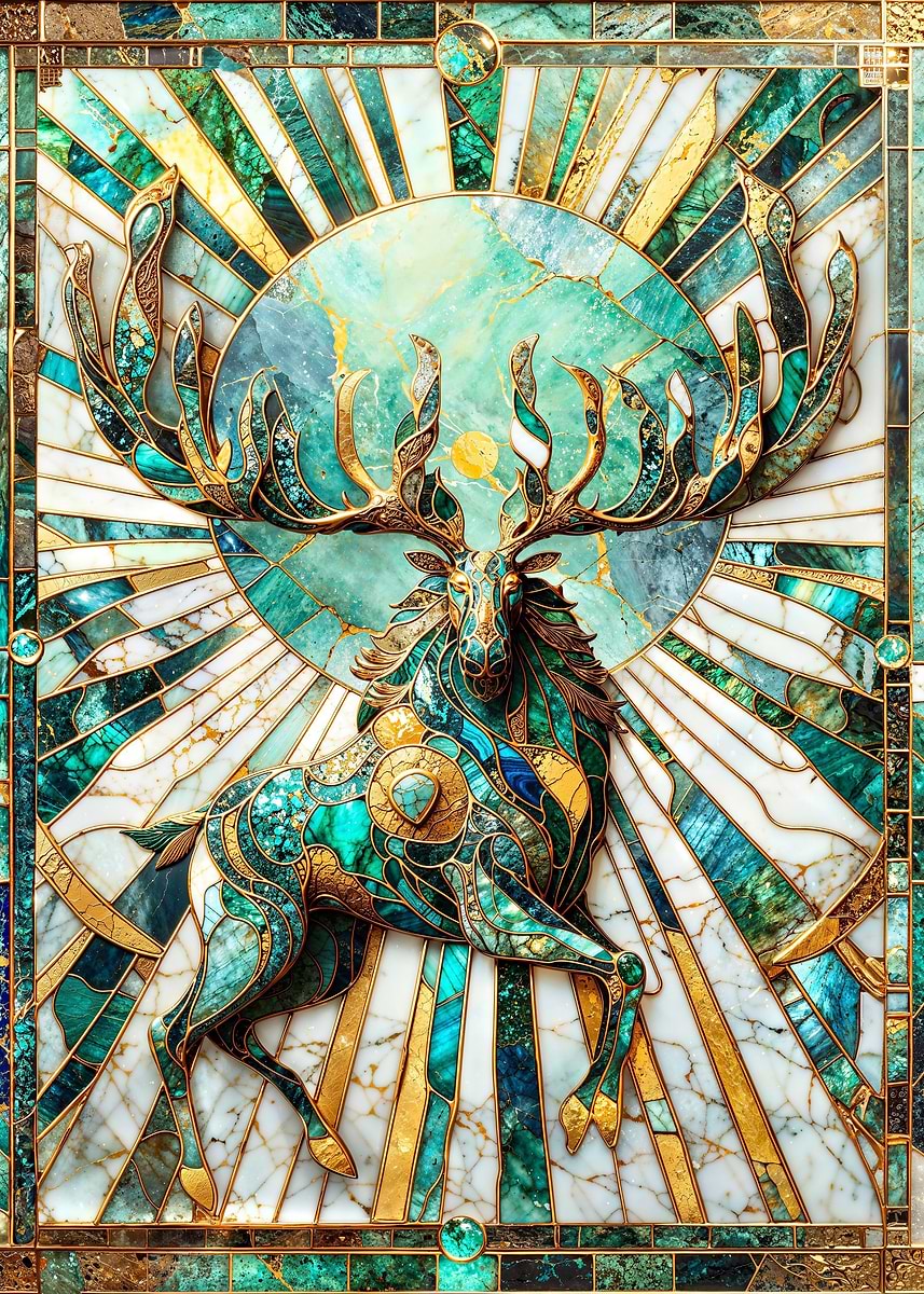 Jade Sun Elk Kintsugi — from the Abstract Nature Kintsugi collection, a Pixaverse metal print