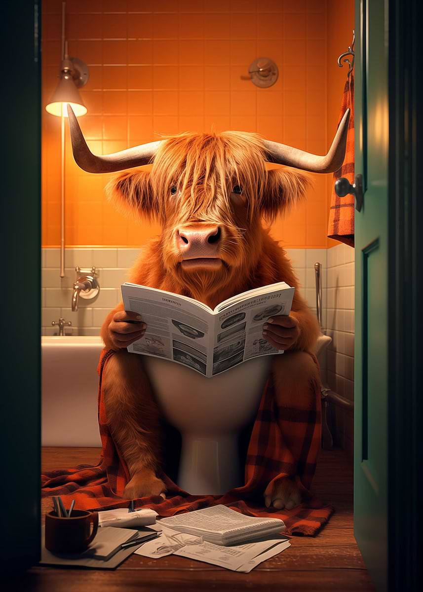 'Highland Cow on the Toilet' Poster, picture, metal print, paint by ...