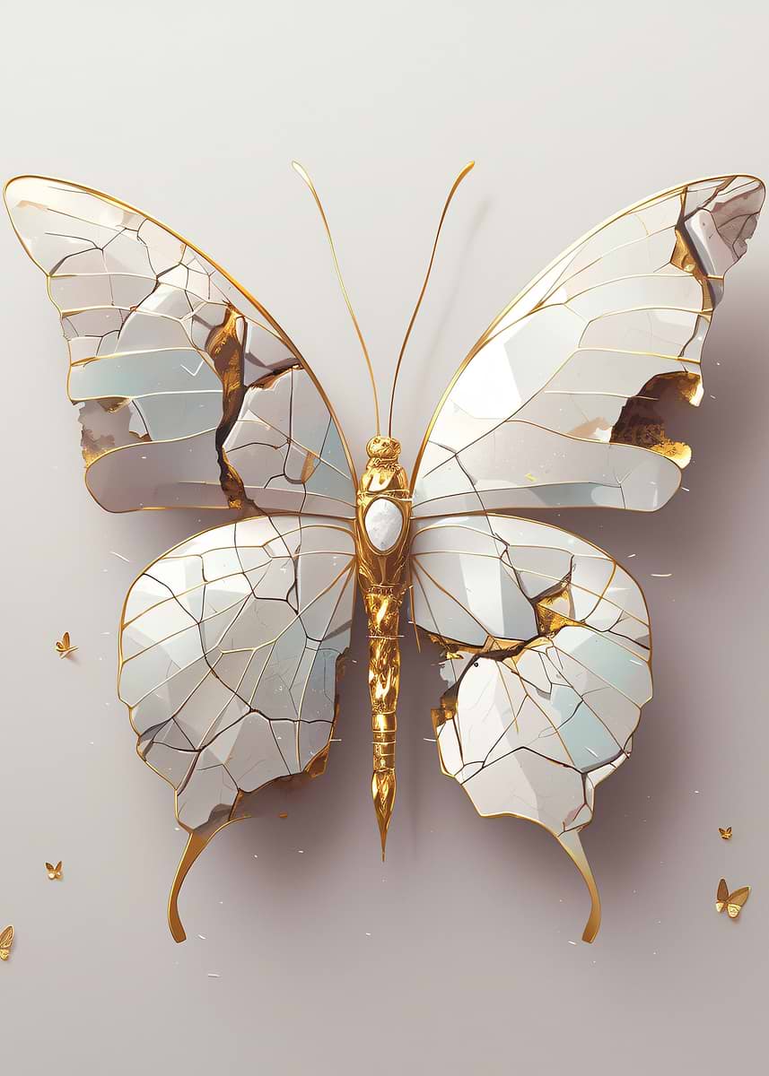 'white butterfly kintsugi ' Poster, picture, metal print, paint by ...