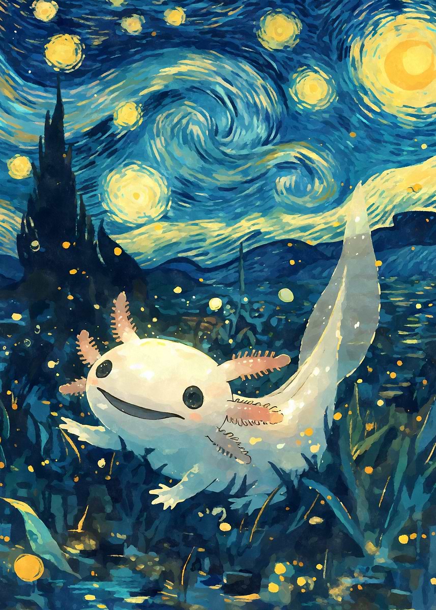 Axolotl Starry Night' Poster, picture, metal print, paint by
