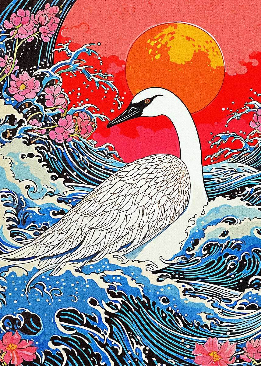 Japan Swan' Poster, picture, metal print, paint by Ammar Zain