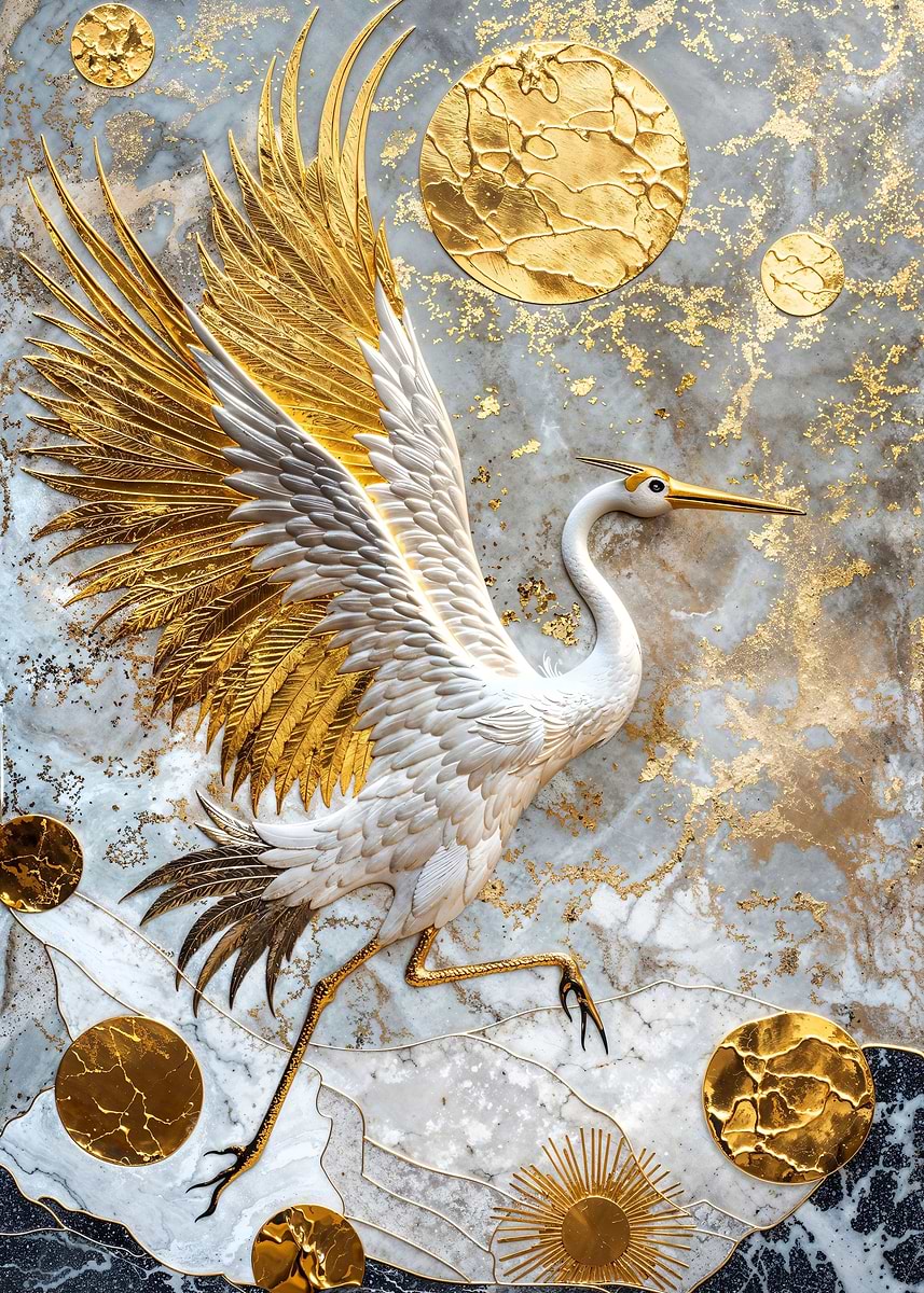 Golden Crane Majesty — from the Precious Metal Reforged collection, a Pixaverse metal print