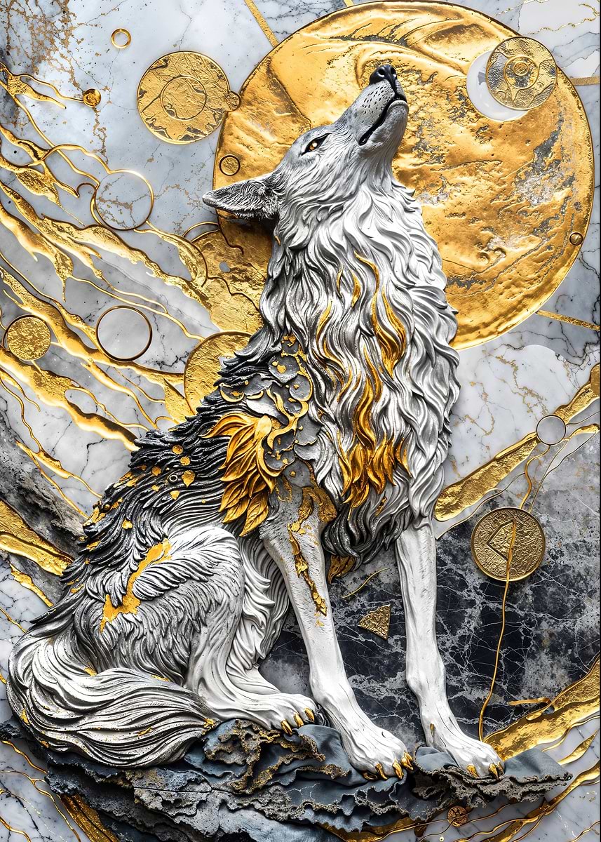 Golden Moonlight Wolf — from the Precious Metal Reforged collection, a Pixaverse metal print