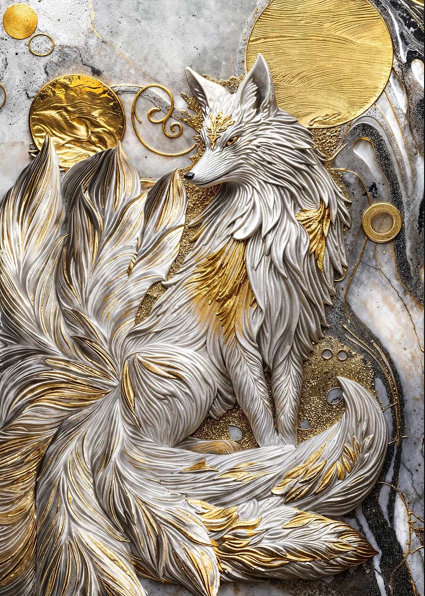 Nine Tailed Fox Elegance — from the Precious Metal Reforged collection, a Pixaverse metal print
