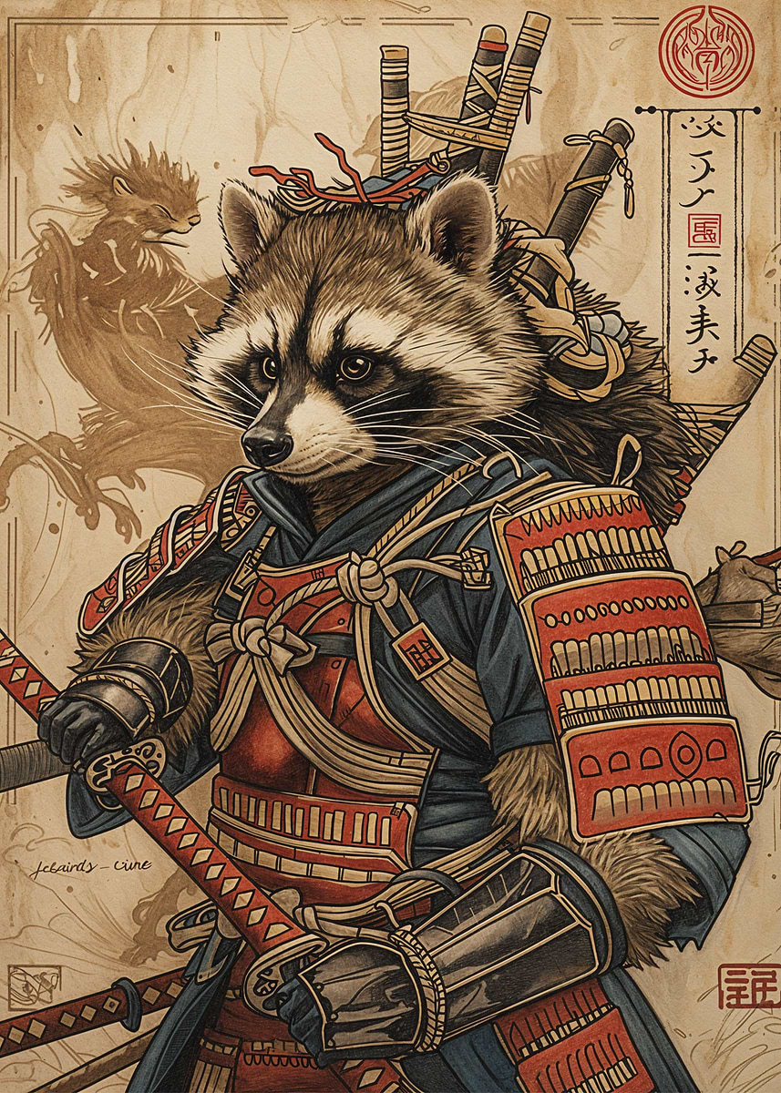 Samurai Raccoon' Poster, picture, metal print, paint by SuperNova