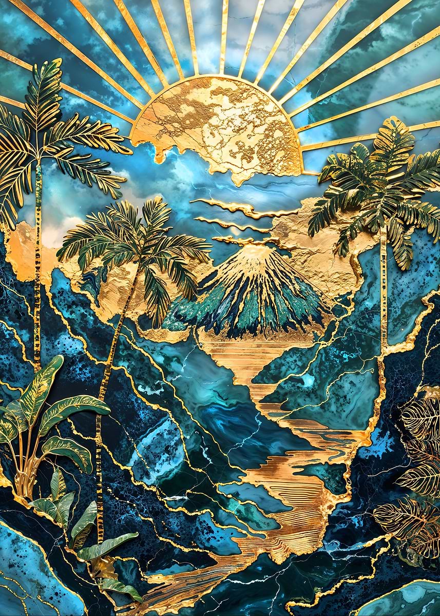 Golden Volcano Awakening — from the Abstract Nature Kintsugi collection, a Pixaverse metal print
