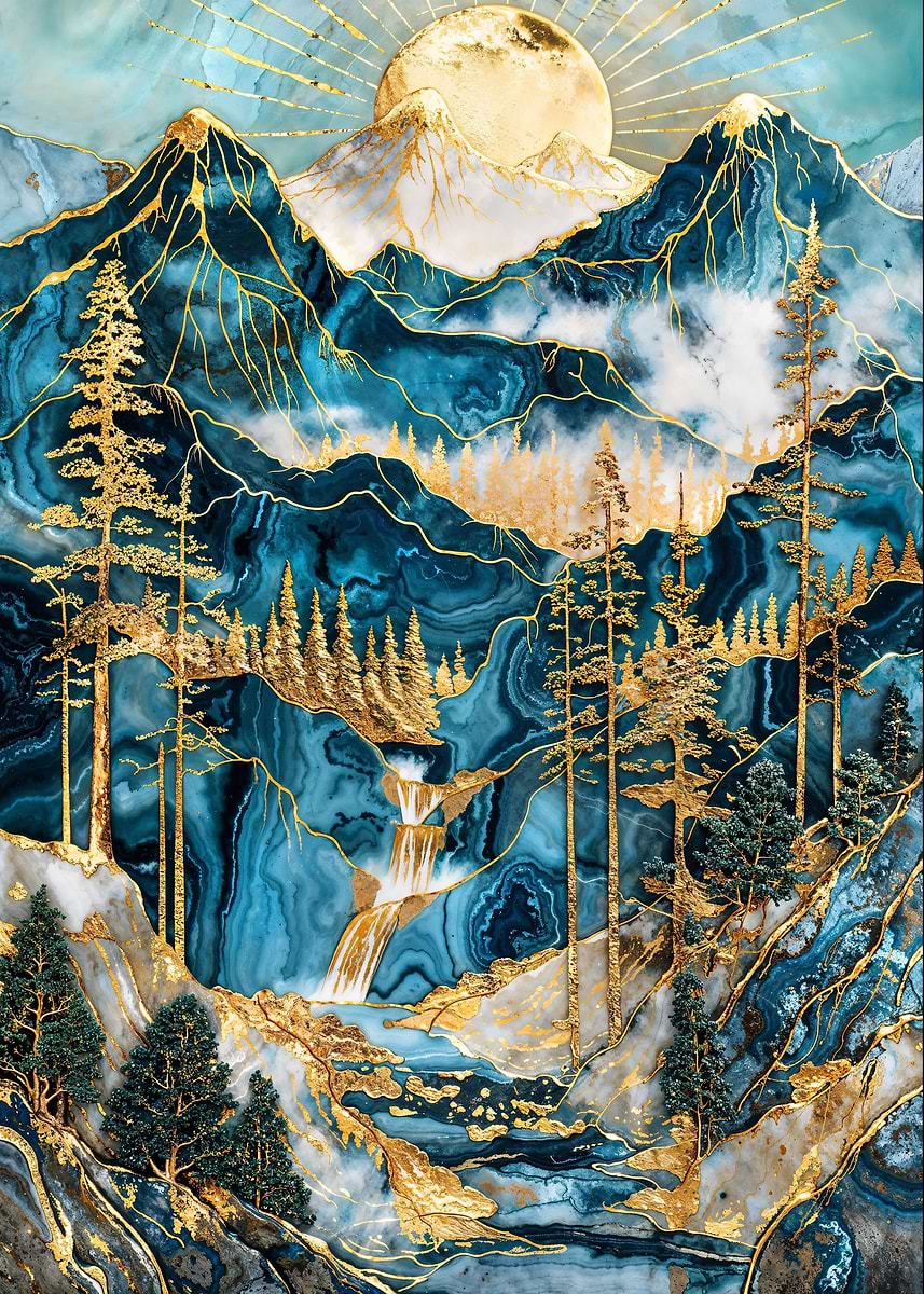 Sapphire Sunrise Mountains — from the Abstract Nature Kintsugi collection, a Pixaverse metal print