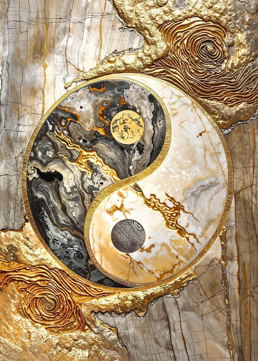 Golden Yin and Yang Unity — from the Precious Metal Reforged collection, a Pixaverse metal print