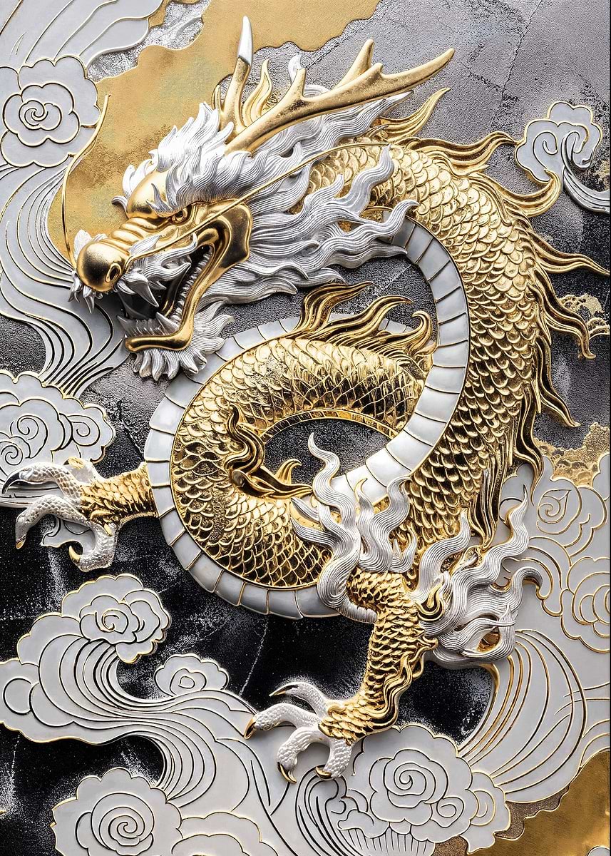 Gold Asian Dragon Majesty — from the Precious Metal Reforged collection, a Pixaverse metal print