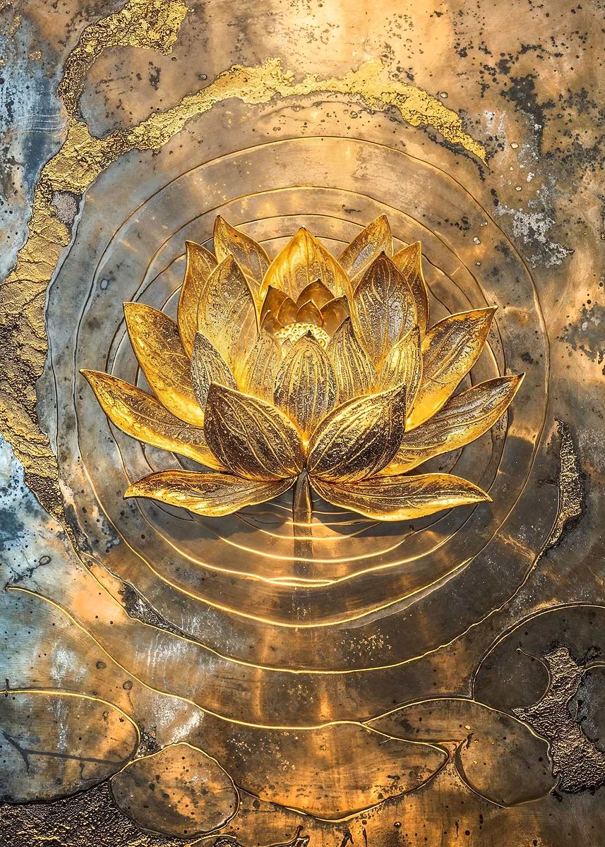 Golden Lotus Harmony — from the Precious Metal Reforged collection, a Pixaverse metal print