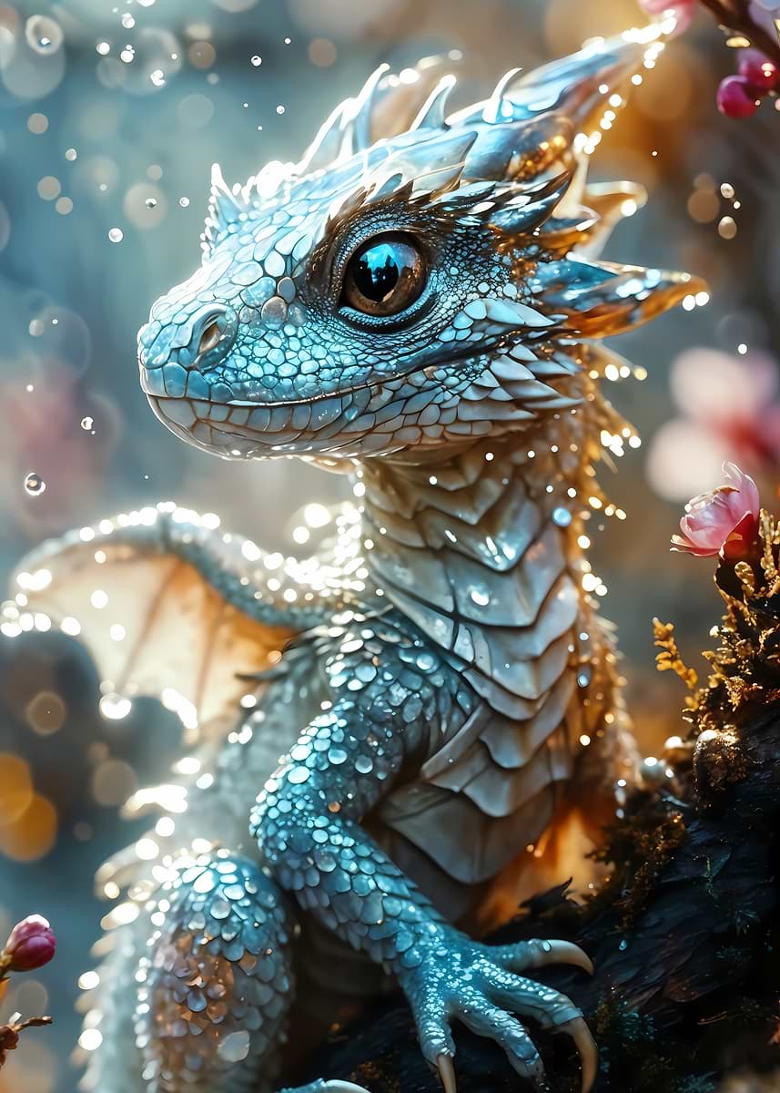 White magical baby dragon' Poster, picture, metal print, paint by