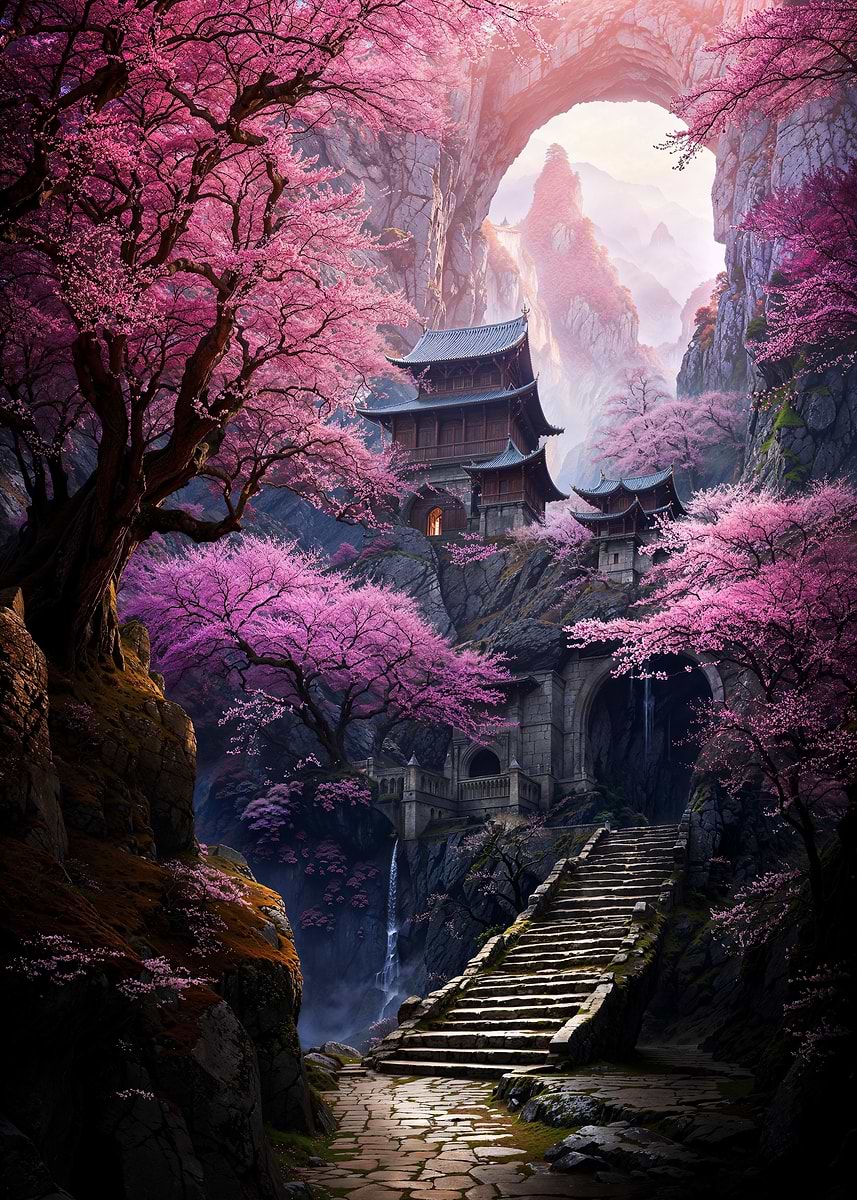 Sakura Mountain Monastery — from the Soul Of Japan collection, a Pixaverse metal print