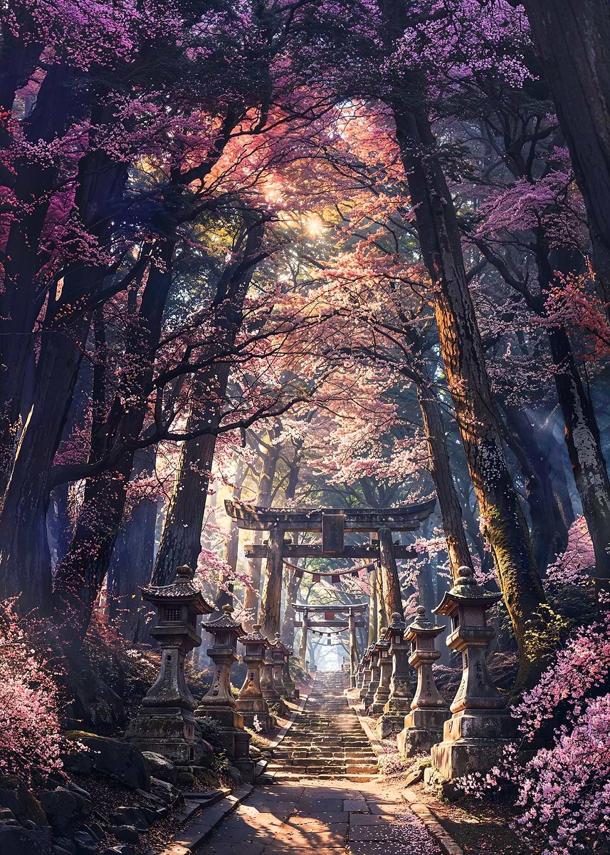 Sacred Sakura Shrine Path — from the Soul Of Japan collection, a Pixaverse metal print