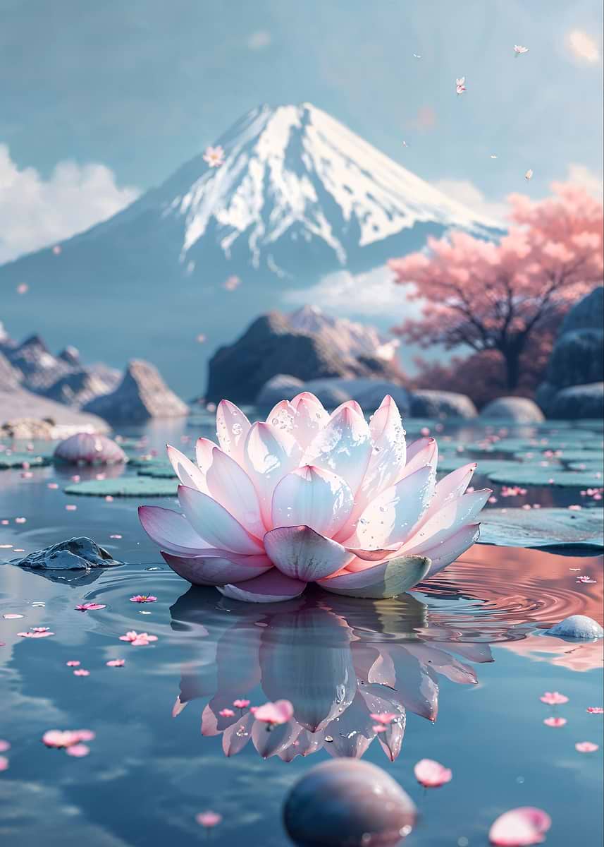 Fujis Lotus Dreamscape — from the Soul Of Japan collection, a Pixaverse metal print