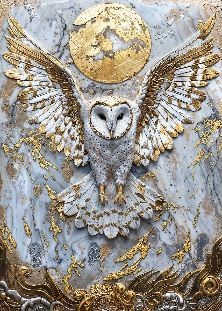 Golden Owl of the Moon — from the Precious Metal Reforged collection, a Pixaverse metal print
