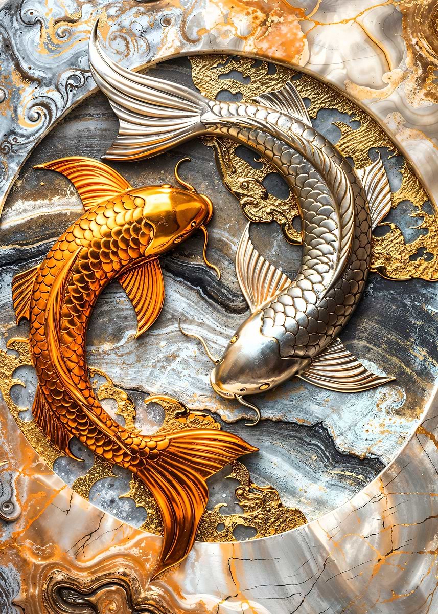 Elegant Yin Yang Koi — from the Precious Metal Reforged collection, a Pixaverse metal print