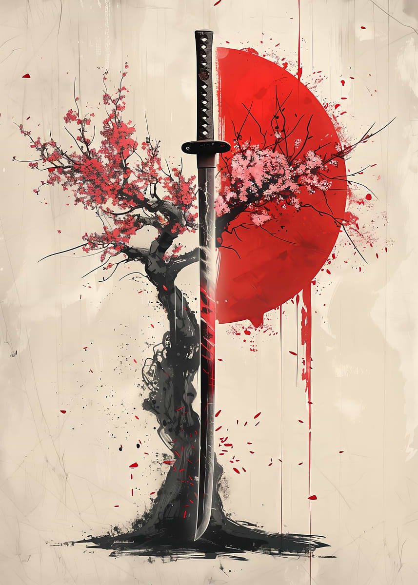 Sakura Katana Red Sun ' Poster, picture, metal print, paint by