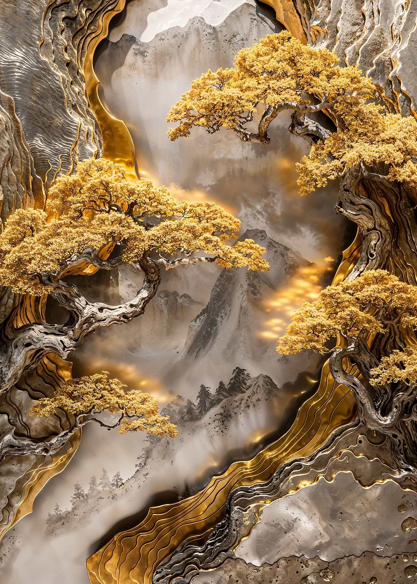 Golden Mountain Grove — from the Precious Metal Reforged collection, a Pixaverse metal print