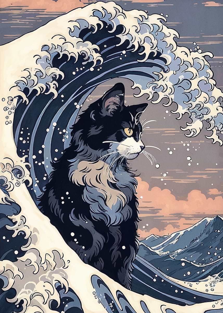 Cat Wave Japanese' Poster, picture, metal print, paint by