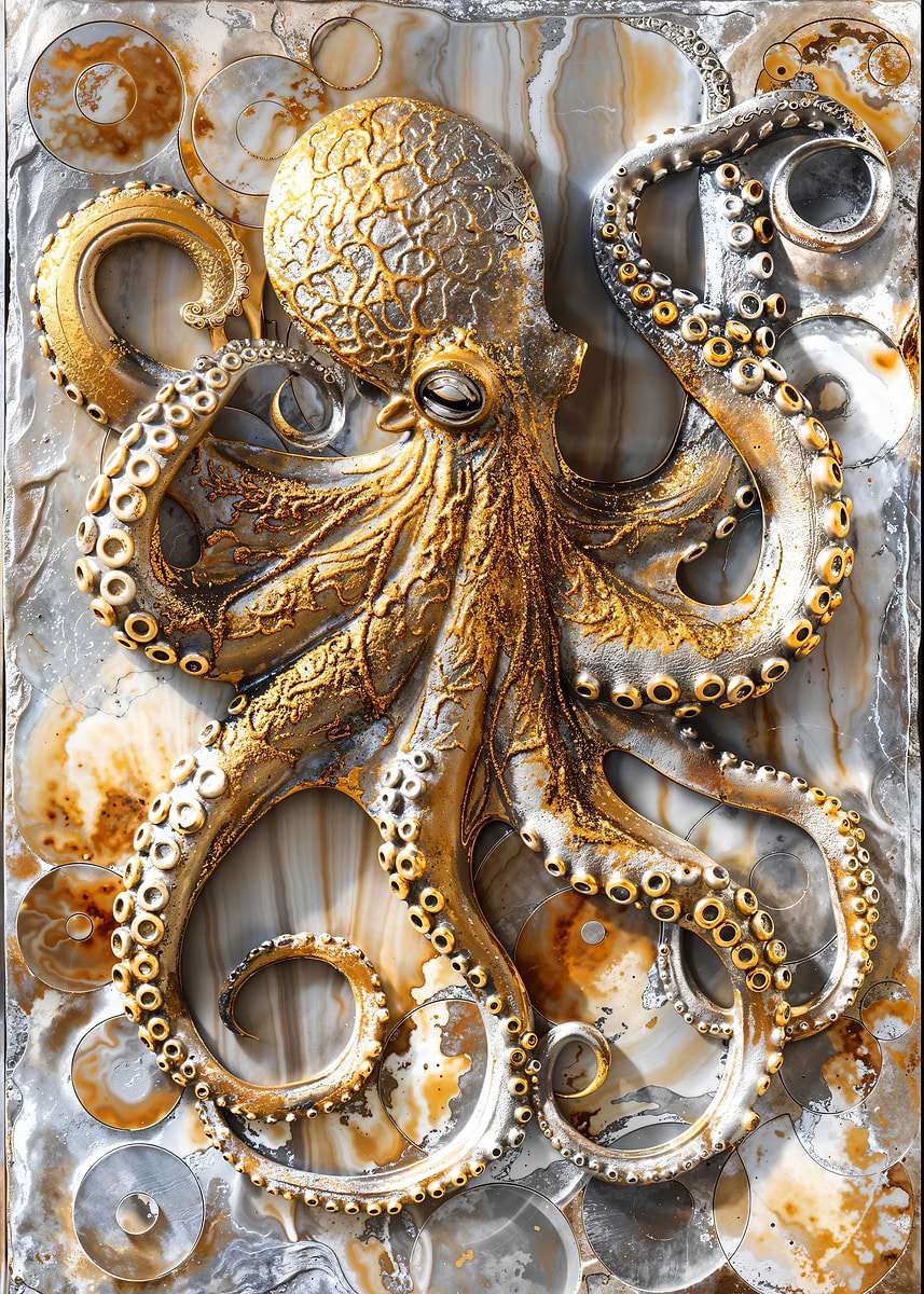 Golden Octopus Elegance — from the Precious Metal Reforged collection, a Pixaverse metal print