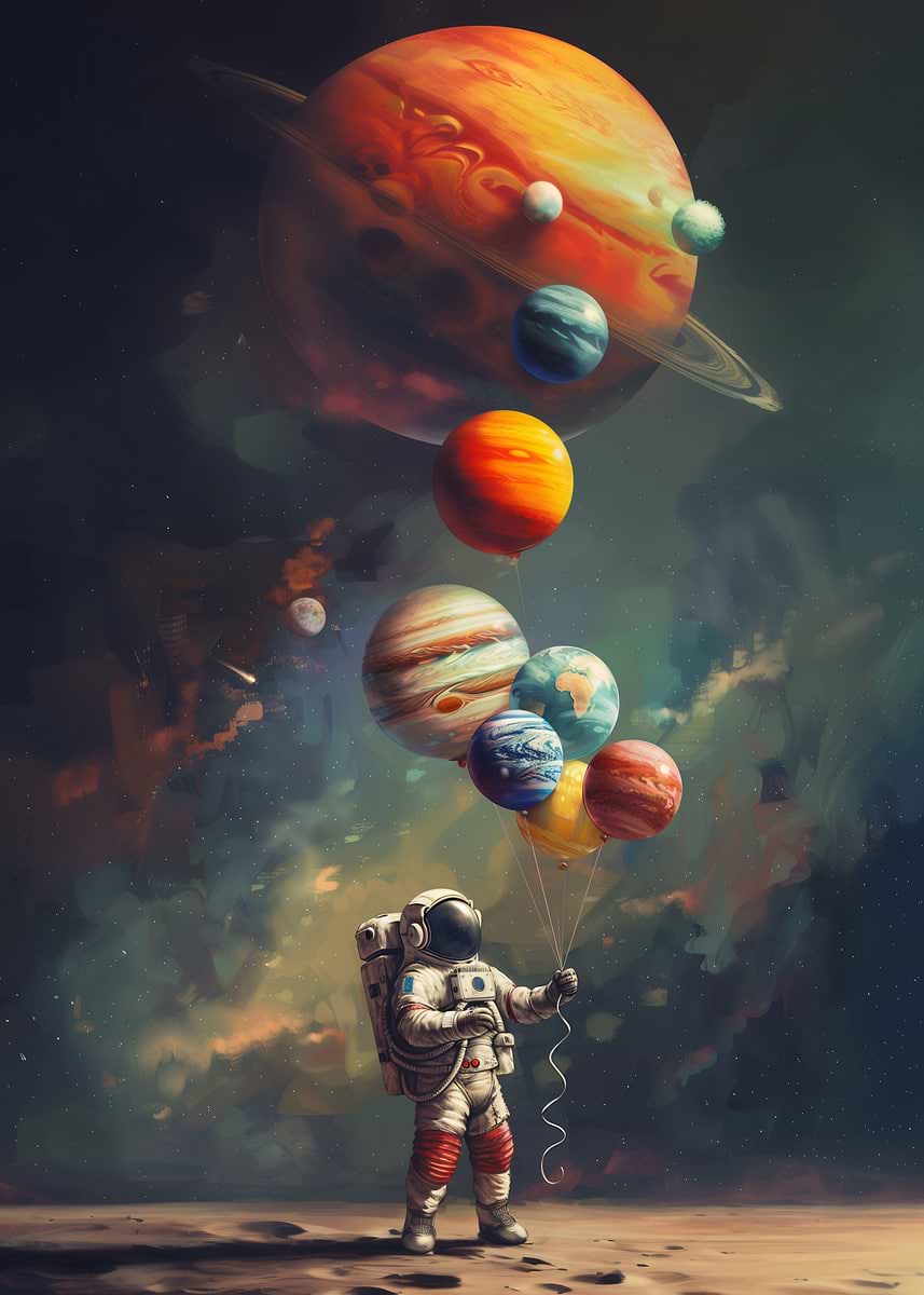 A lone astronaut in a white spacesuit stands on a barren, rocky surface, holding a string of colorful planets tied together like balloons. 