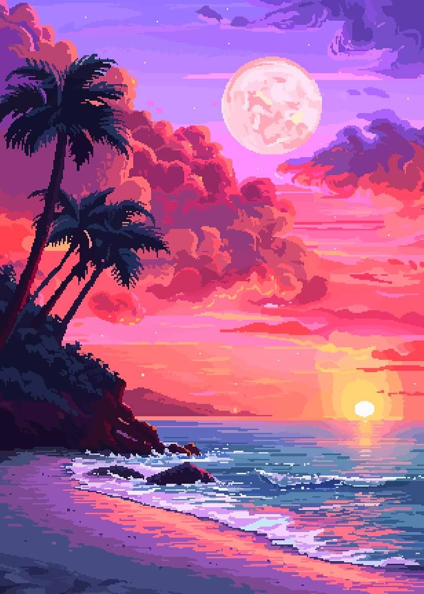 Sunset Hawaii Pixel Art' Poster, picture, metal print, paint