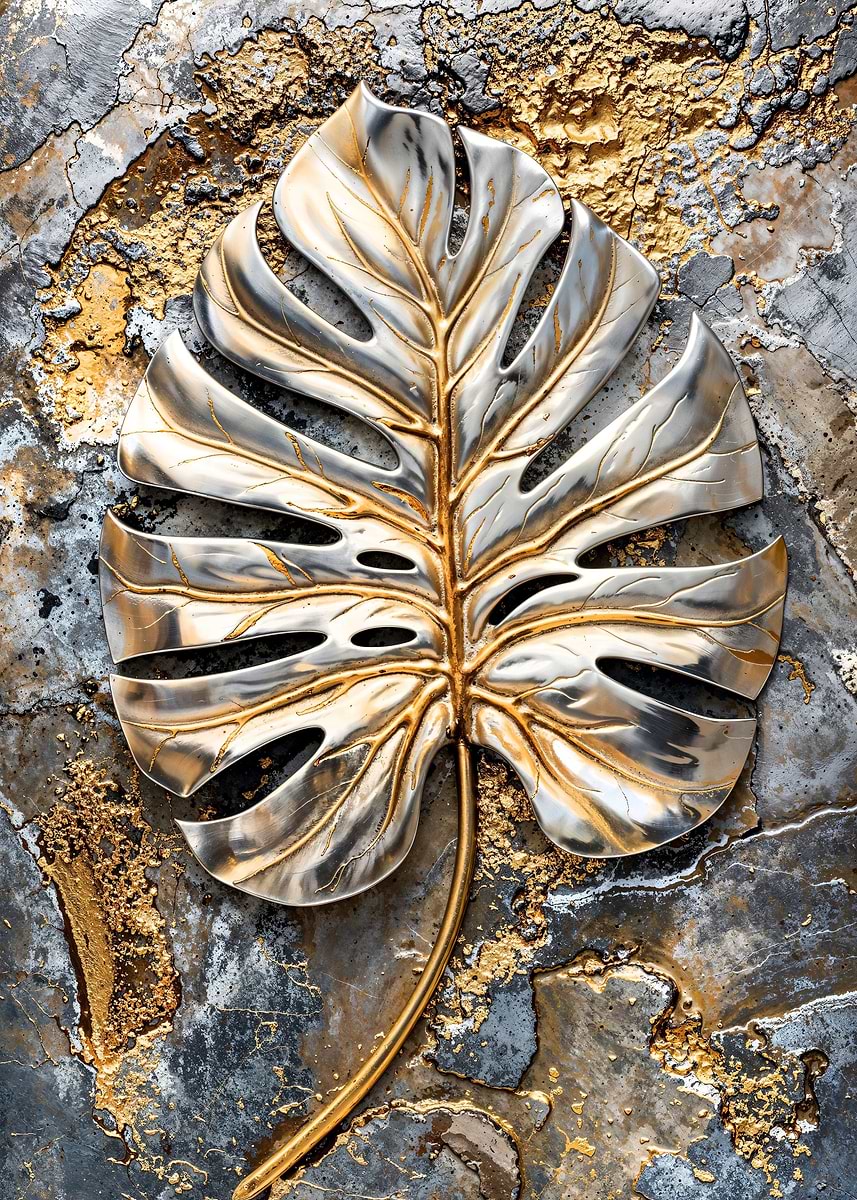 Metallic Monstera Leaf — from the Precious Metal Reforged collection, a Pixaverse metal print