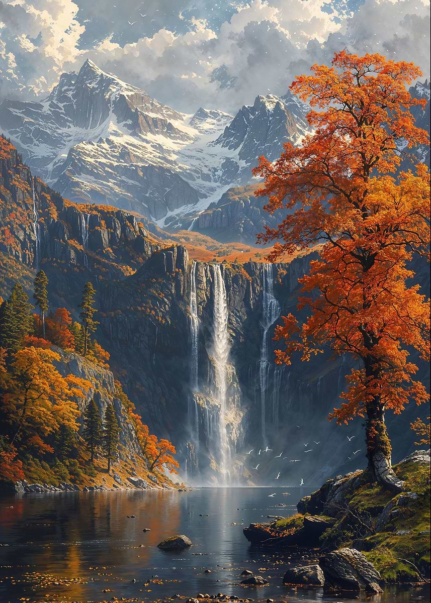 Enchanted Nordic Peaks — from the Forgotten Fantasy Realms collection, a Pixaverse metal print