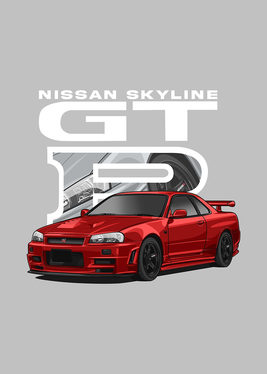 Nissan r34 Skyline red' Poster, picture, metal print, paint by