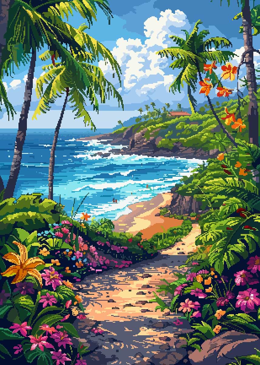 ダイカット フラミンゴ ハワイアン Hawaii Tropical Pixel Art' Poster, picture, metal print, paint by