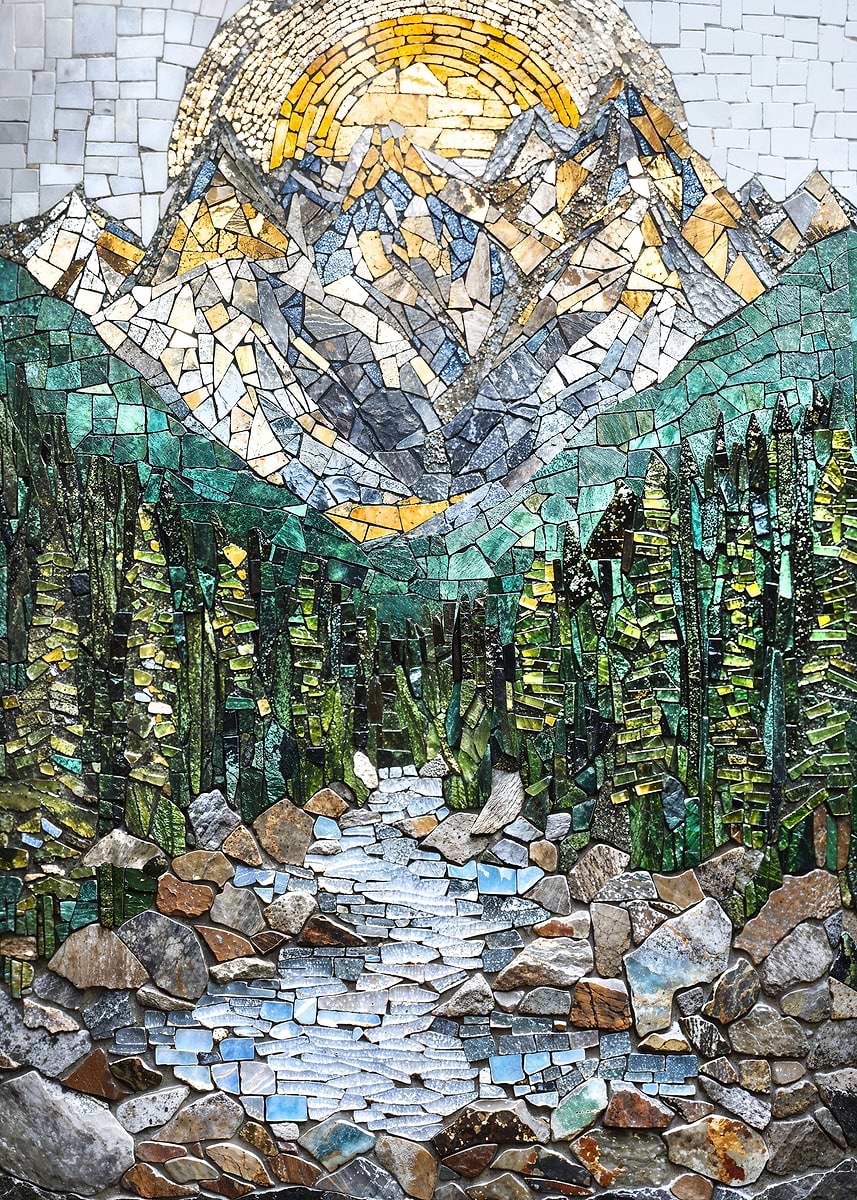 Mosaic Mountain Sunrise — from the Mosaic Marvel collection, a Pixaverse metal print