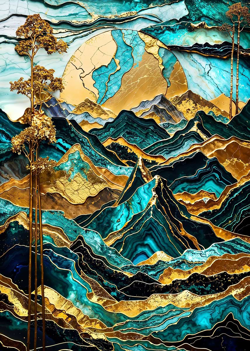 Mountain Sunset Harmony — from the Abstract Nature Kintsugi collection, a Pixaverse metal print