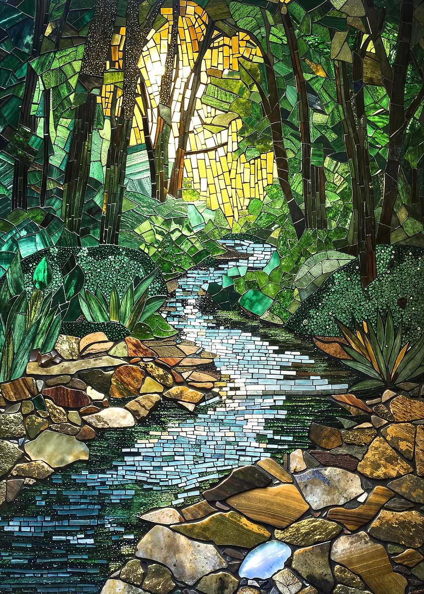 Mosaic Forest Stream Art — from the Mosaic Marvel collection, a Pixaverse metal print