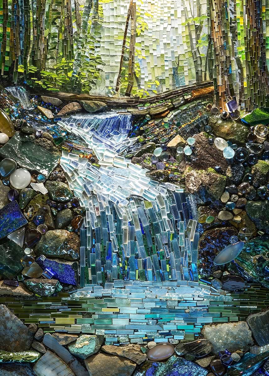 Woodland Waterfall Mosaic — from the Mosaic Marvel collection, a Pixaverse metal print
