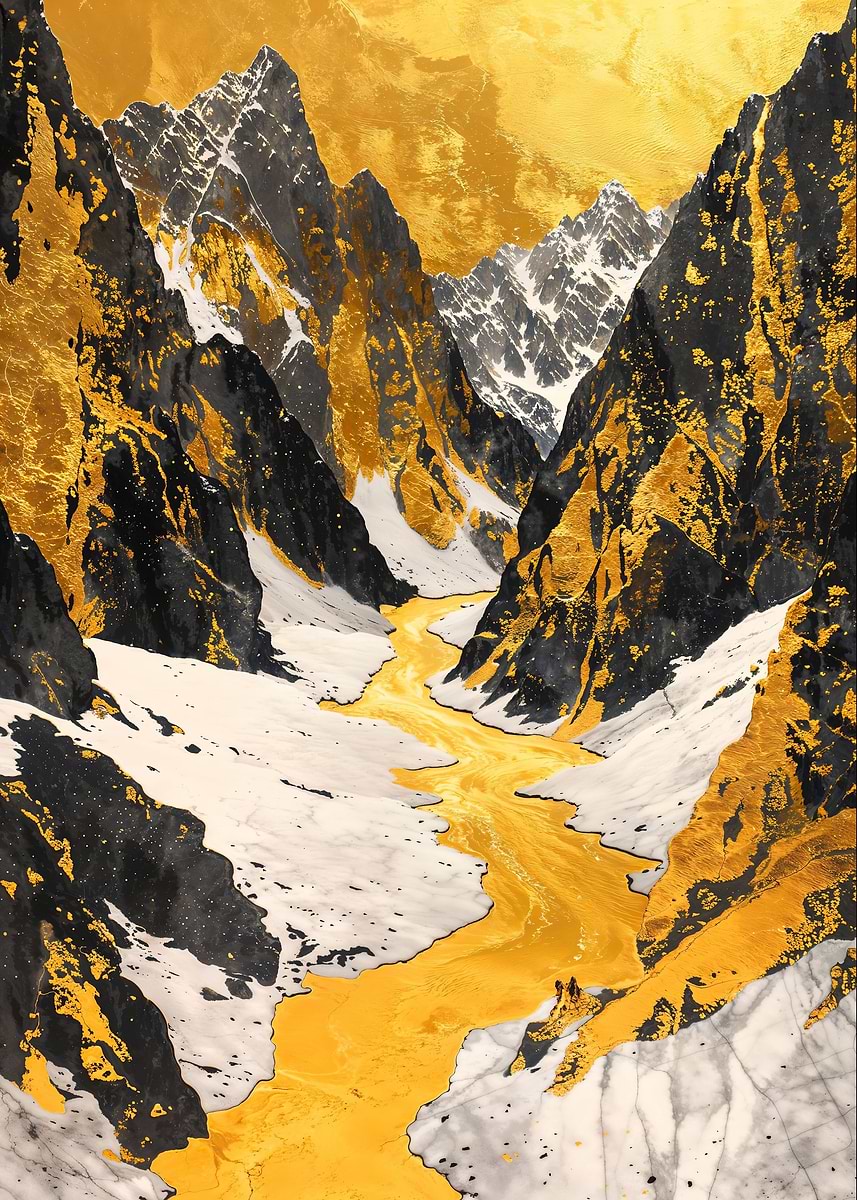 Mountain River of Gold Art — from the Precious Metal Reforged collection, a Pixaverse metal print