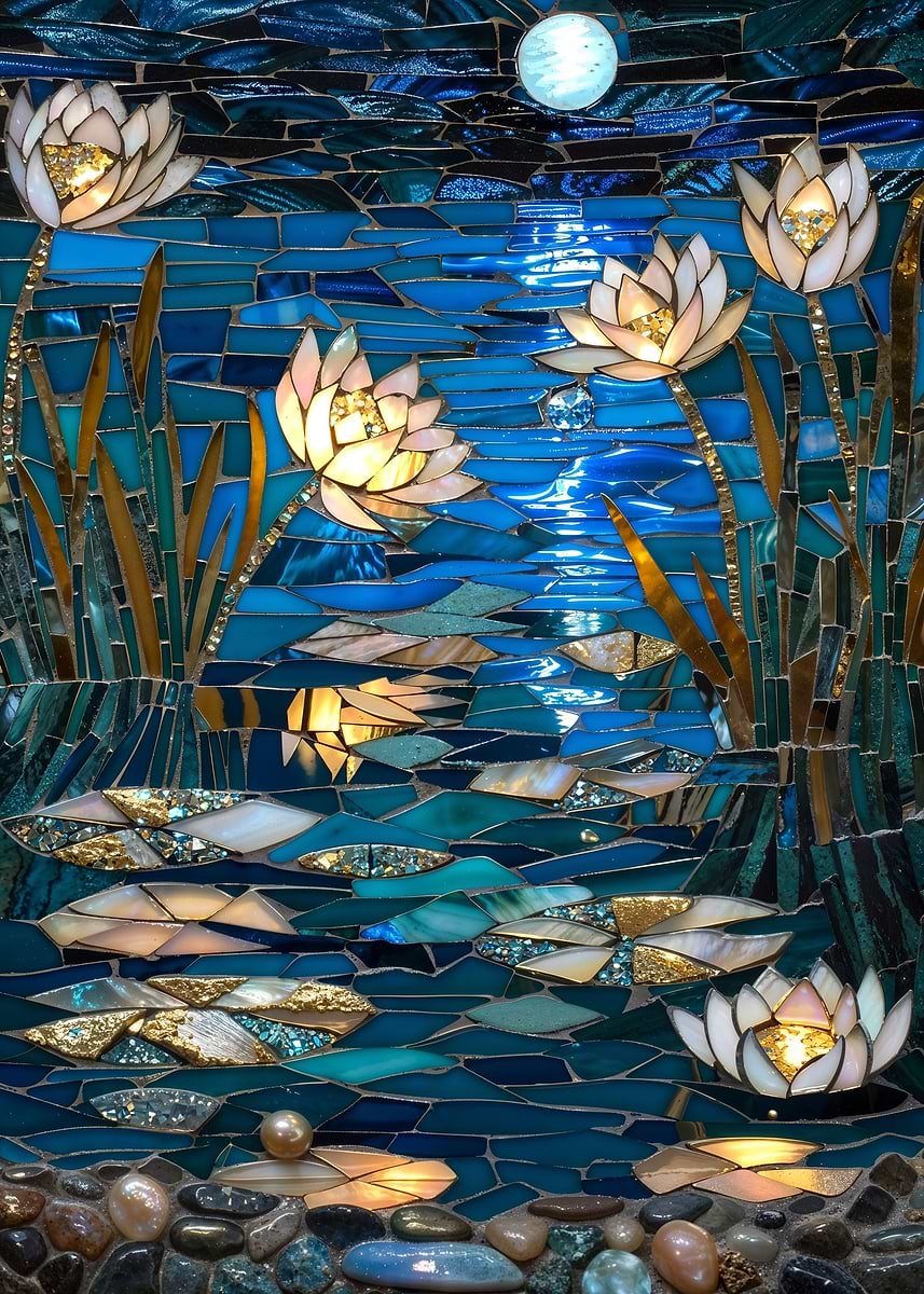Moonlit Lotus Pond Mosaic — from the Mosaic Marvel collection, a Pixaverse metal print