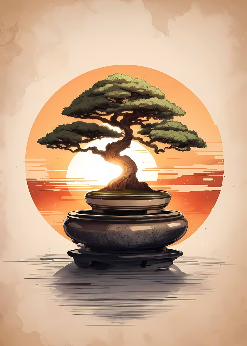 Bonsai Sunset' Poster, picture, metal print, paint by