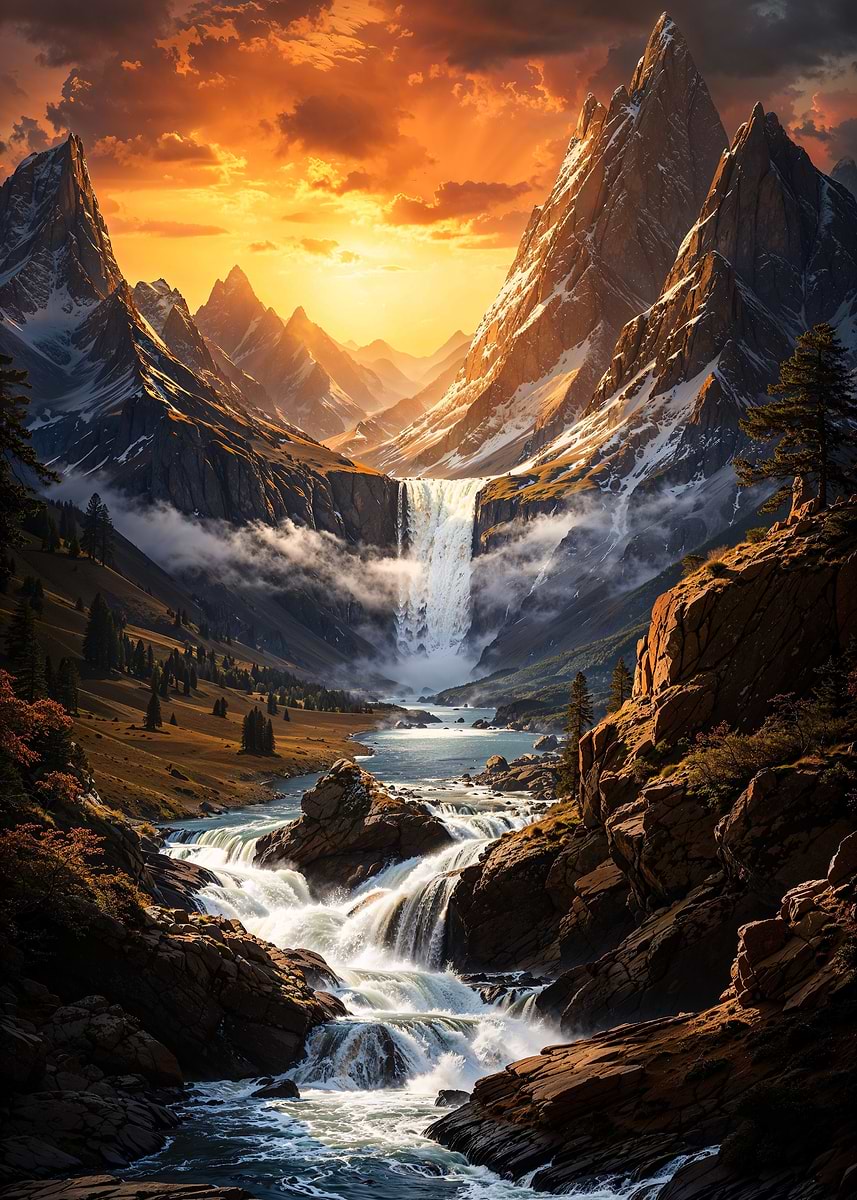 Majestic Sunset Falls — from the Forgotten Fantasy Realms collection, a Pixaverse metal print