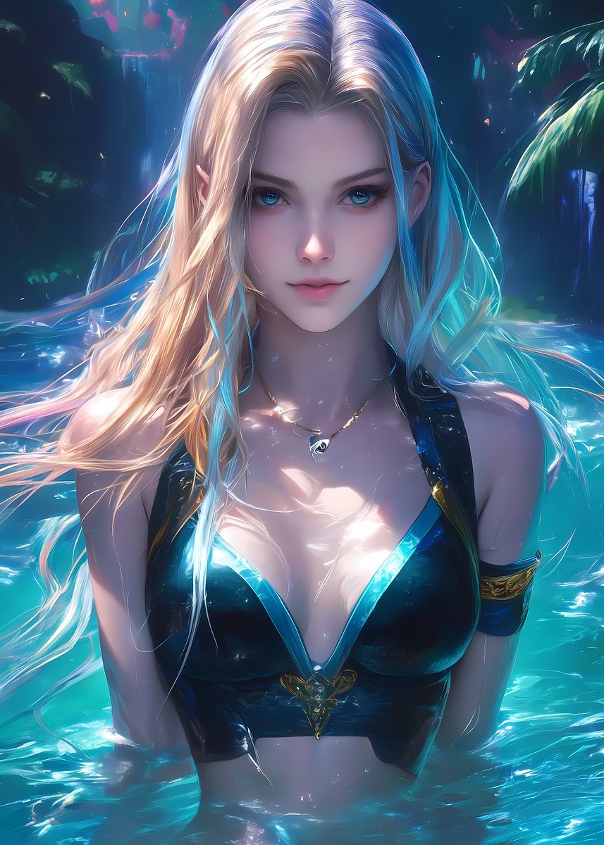 Bikini Girl by Night Pool' Poster, picture, metal print, paint by