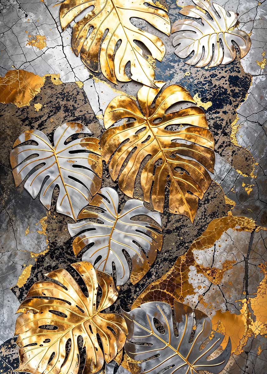 Metallic Monstera Elegance — from the Precious Metal Reforged collection, a Pixaverse metal print