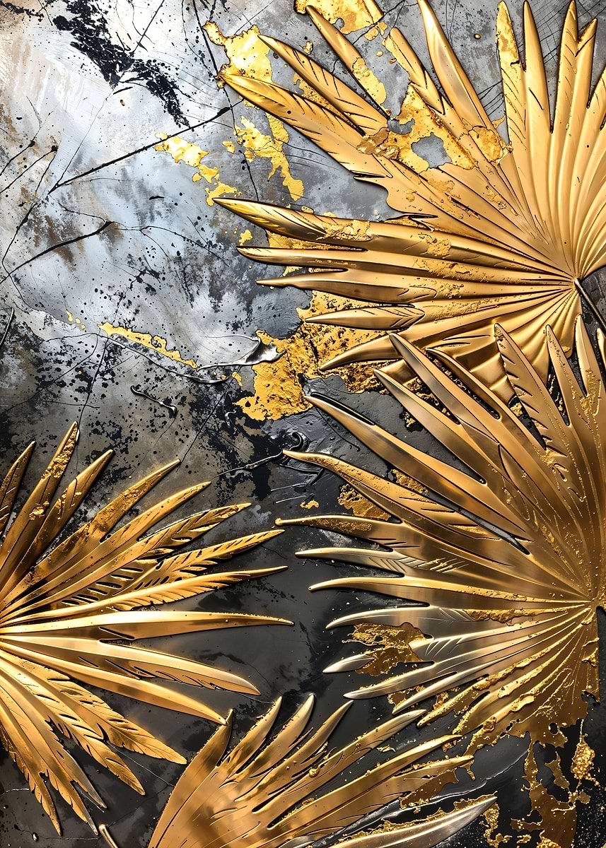 Golden Palm Leaf Splendor — from the Precious Metal Reforged collection, a Pixaverse metal print