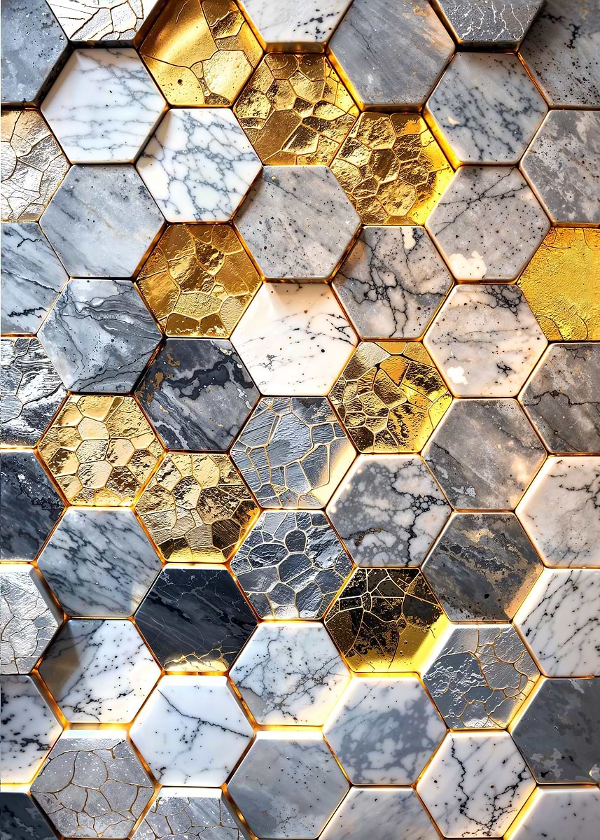 Hexagonal Harmony Art — from the Precious Metal Reforged collection, a Pixaverse metal print