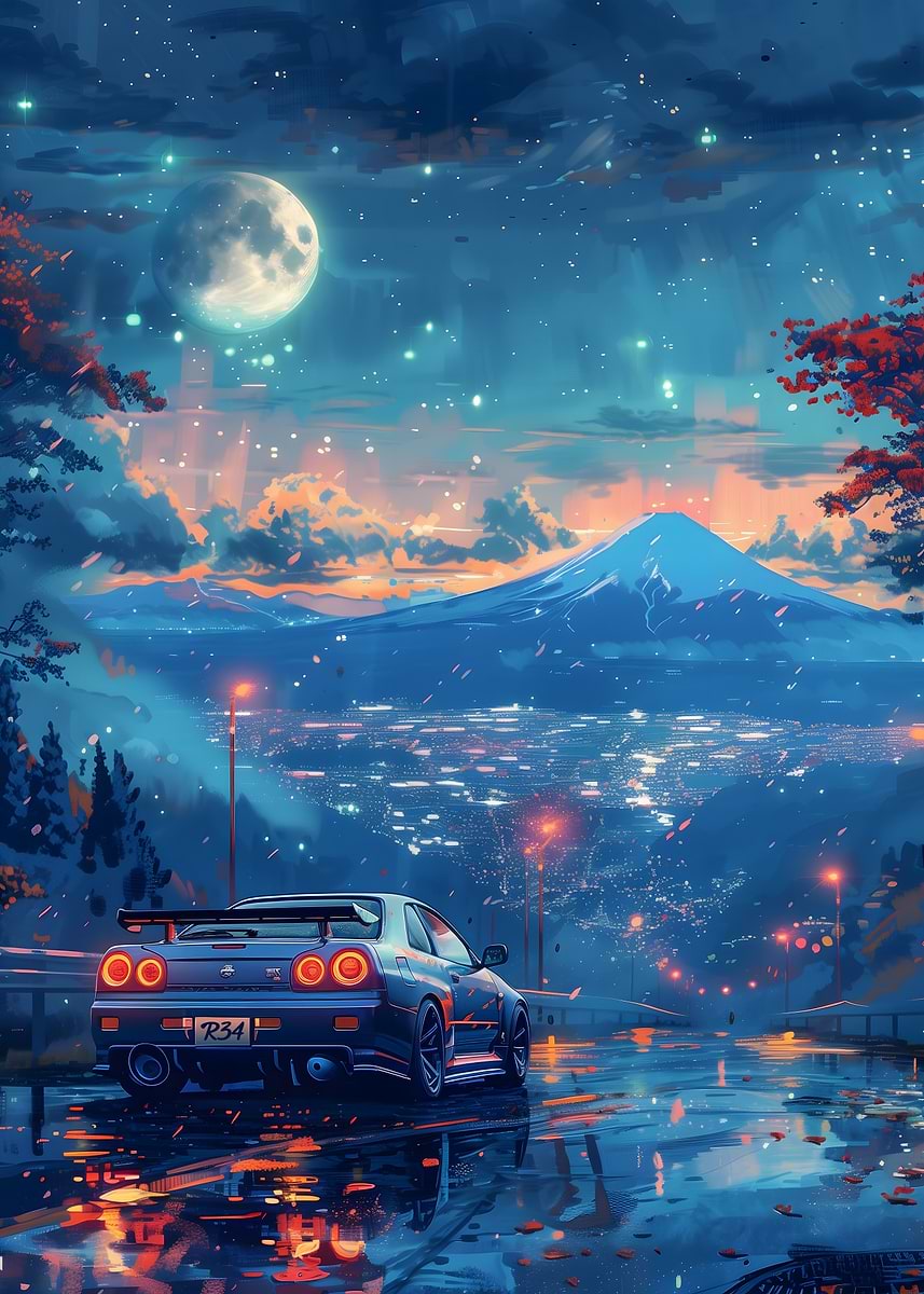 Nissan R34 road Fuji Moon' Poster, picture, metal print, paint by