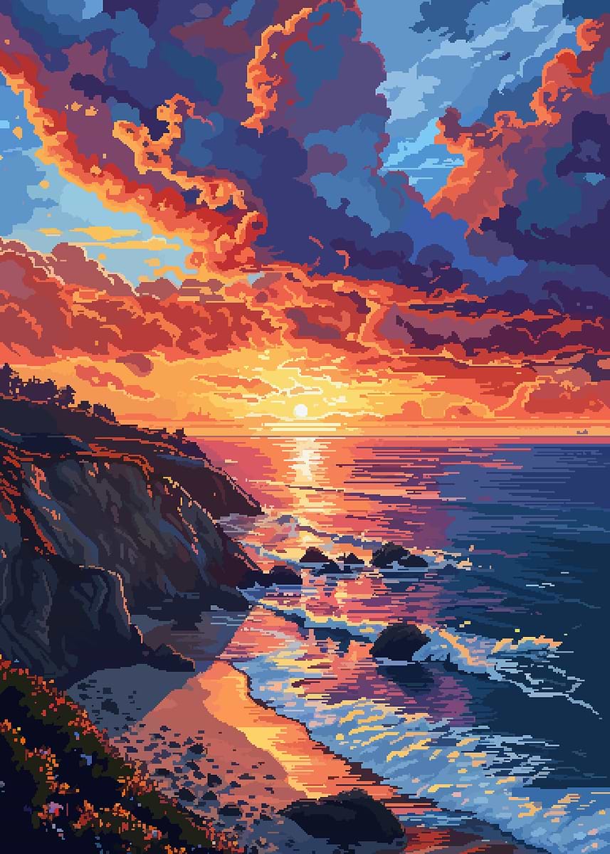 Beach Sunset Pixel Art' Poster, picture, metal print, paint by