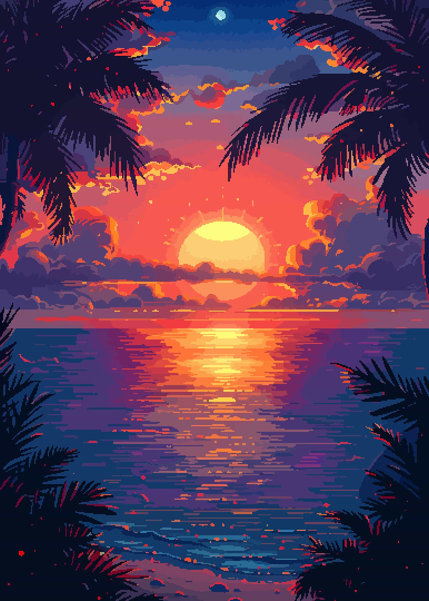 Sunset Beach Pixel Art' Poster, picture, metal print, paint by